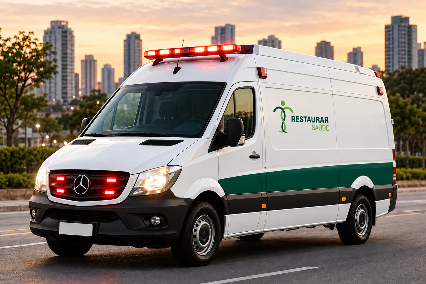 Ambulância branca com a identidade visual da Restaurar Saúde em uma avenida urbana ao entardecer