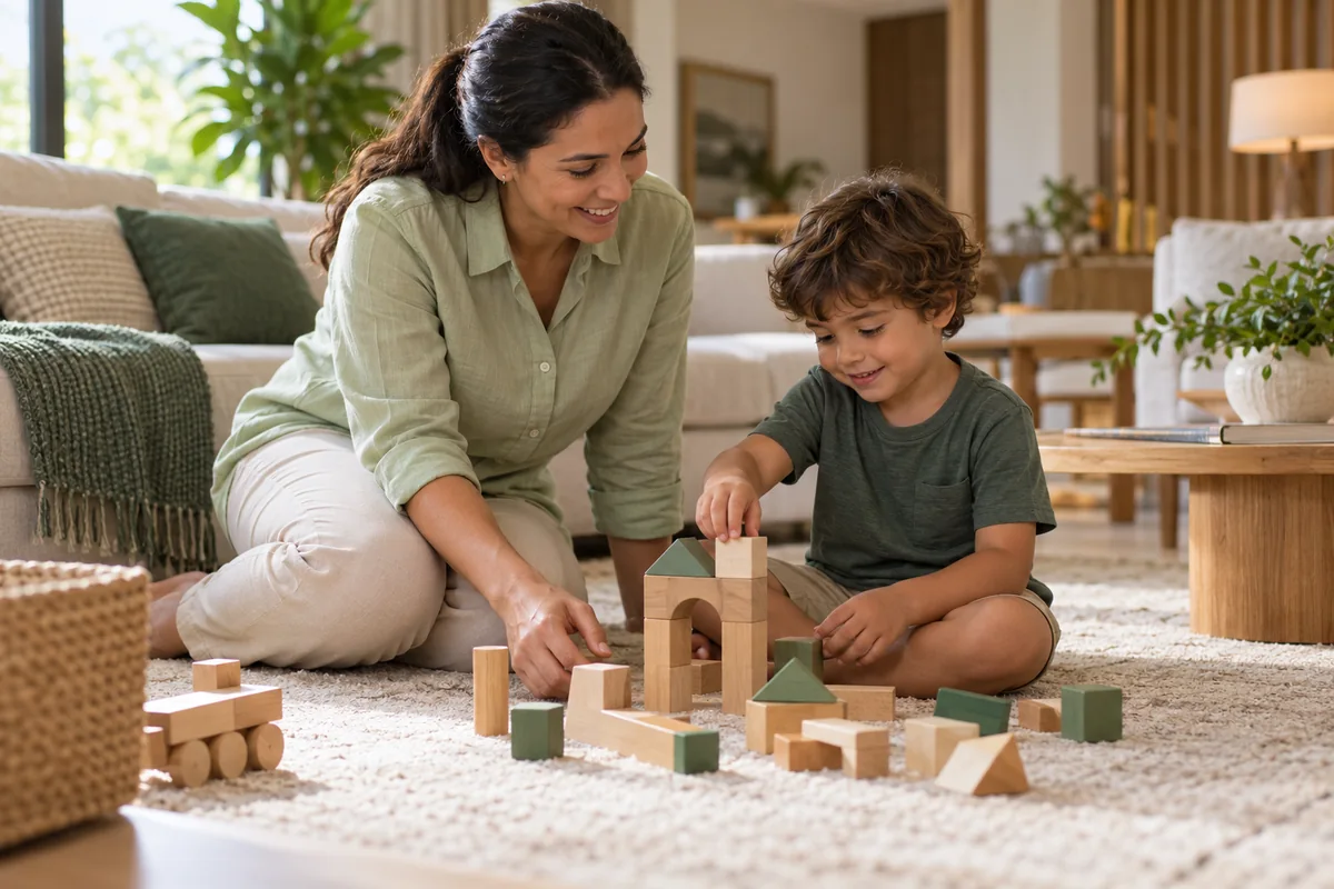 Babá acompanhando uma criança em uma brincadeira com blocos de madeira